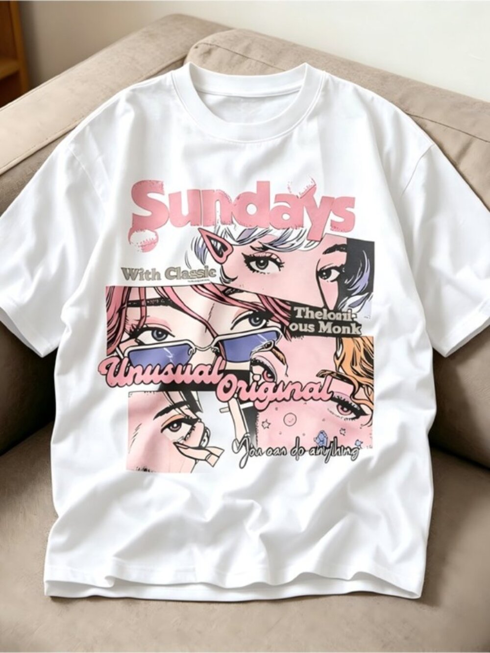 Casual 'Sundays' Graphic Tee - White with Pink Print Women Men T-shirt unisex